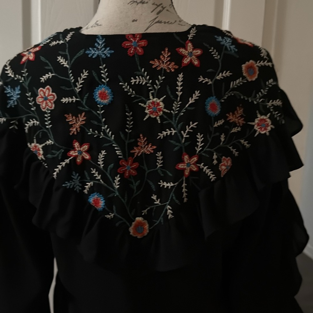 ZARA TRAFALUC Floral Embroidered Frill Black Jacket ~ Like New - Picture 8 of 12